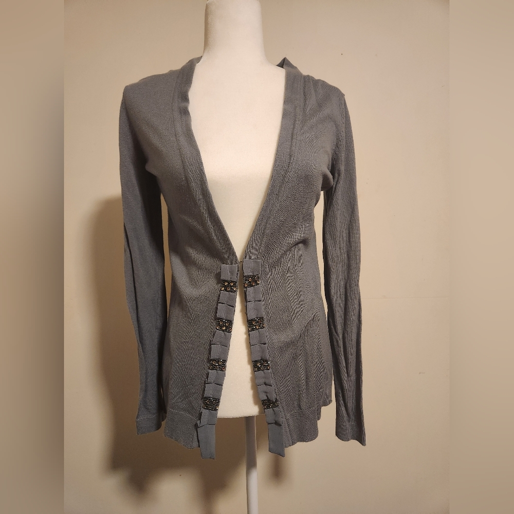 Ann Taylor LOFT Slate Blue Grey Embellished Silk Blend Cardigan Small S EUC